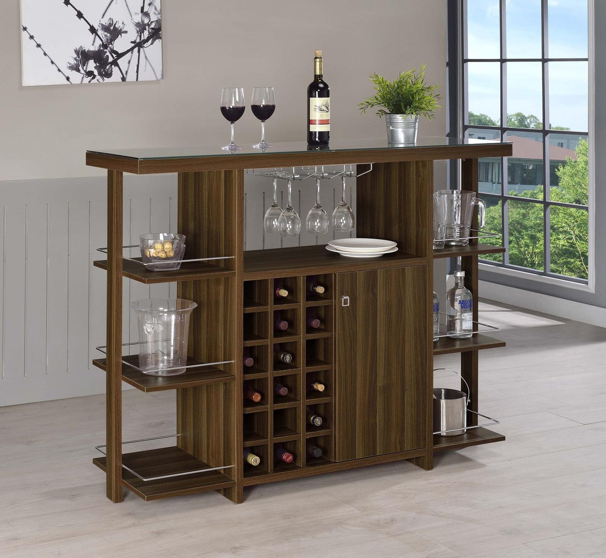 Evelio Bar Unit with Wine Bottle Storage Walnut - Wine Cabintet - Half Price Furniture
