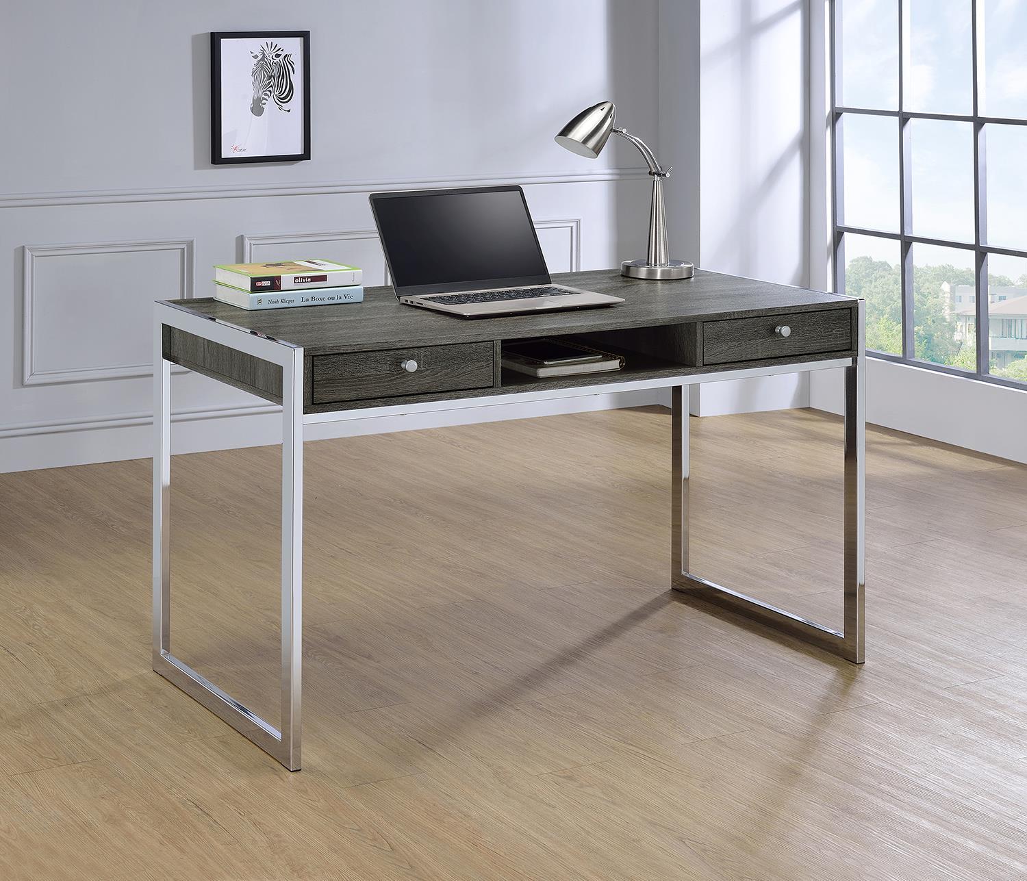 Wallice 2-drawer Writing Desk Weathered Grey and Chrome - Half Price Furniture