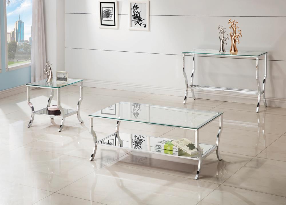 Saide Rectangular Sofa Table with Mirrored Shelf Chrome  Las Vegas Furniture Stores