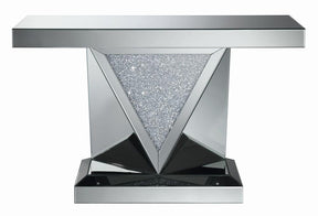 Amore Rectangular Sofa Table with Triangle Detailing Silver and Clear Mirror  Half Price Furniture