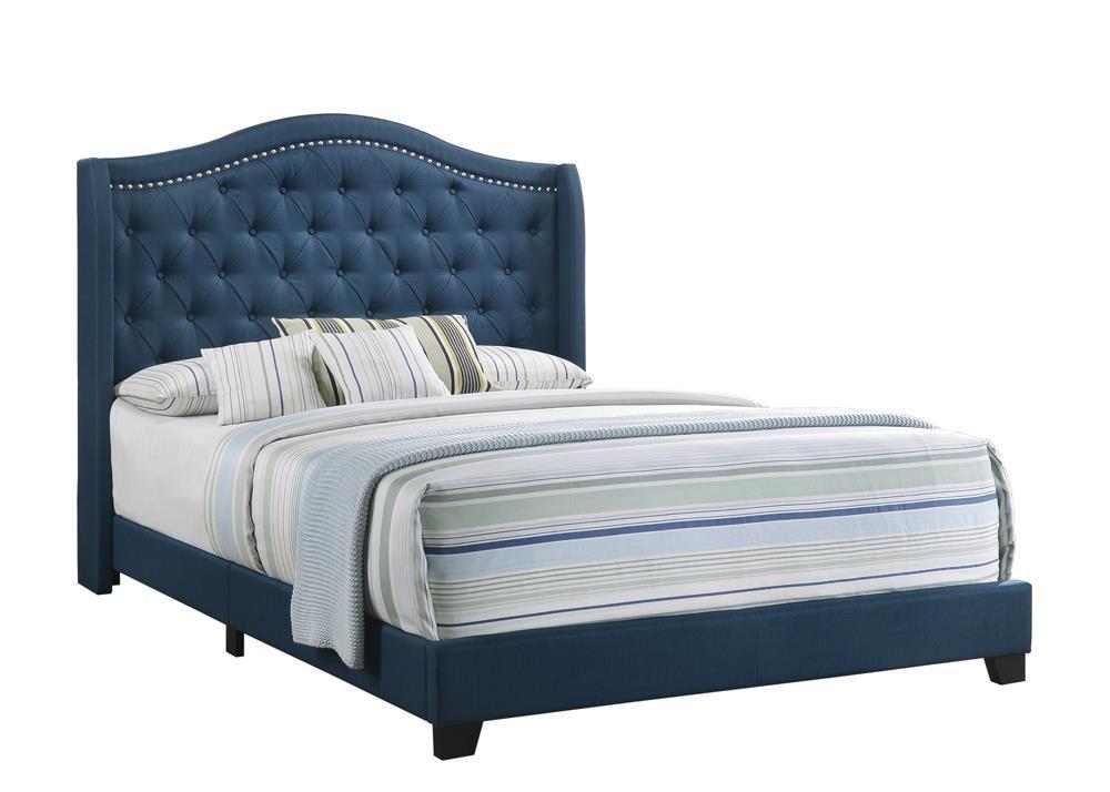 Sonoma Eastern King Camel Headboard with Nailhead Trim Bed Blue Sonoma Eastern King Camel Headboard with Nailhead Trim Bed Blue Half Price Furniture