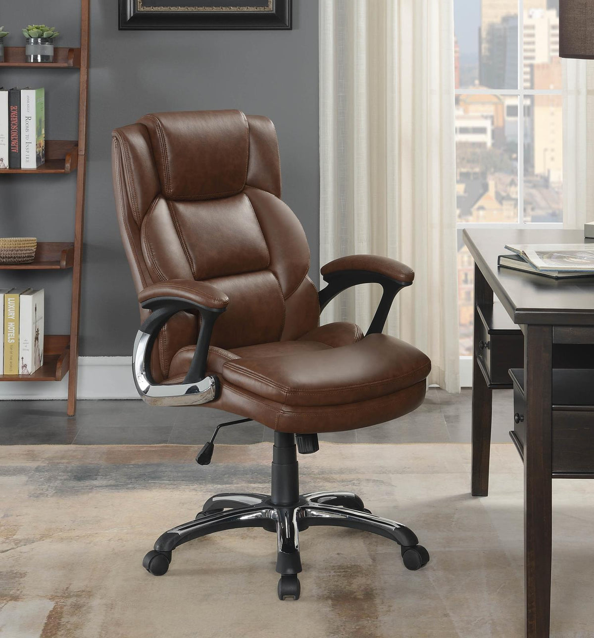 Nerris Adjustable Height Office Chair with Padded Arm Brown and Black - Office Chair - Half Price Furniture