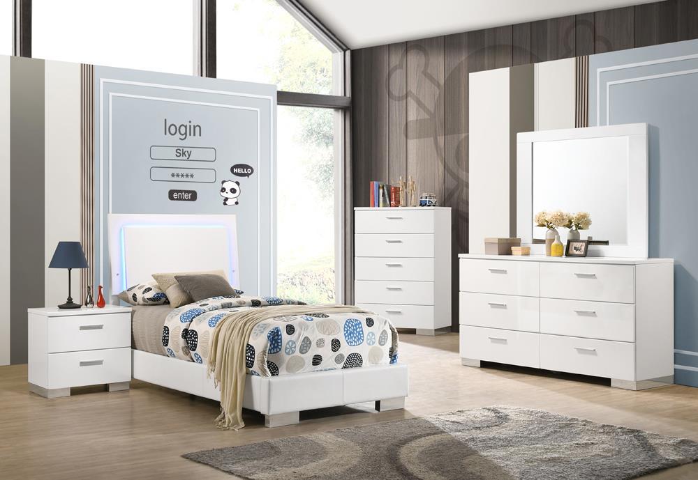 Felicity Twin Panel Bed with LED Lighting Glossy White Felicity Twin Panel Bed with LED Lighting Glossy White Half Price Furniture