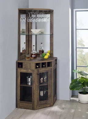 Alviso Corner Bar Cabinet with Stemware Rack Rustic Oak Alviso Corner Bar Cabinet with Stemware Rack Rustic Oak Half Price Furniture