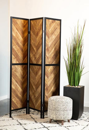 Marlene Herringbone Pattern 3-panel Screen Rustic Tobacco and Black Half Price Furniture