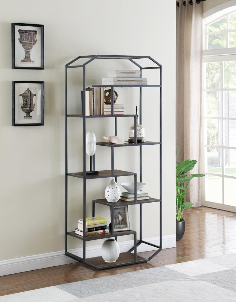 Leland 6-shelf Bookcase Rustic Brown and Dark Grey  Half Price Furniture