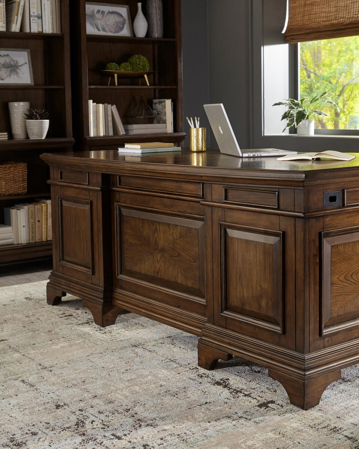 Hartshill Executive Desk with File Cabinets Burnished Oak  Las Vegas Furniture Stores