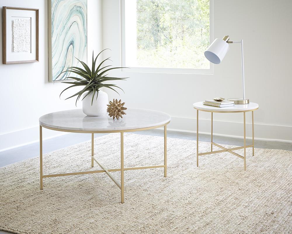 Ellison Round X-cross End Table White and Gold - End Table - Half Price Furniture