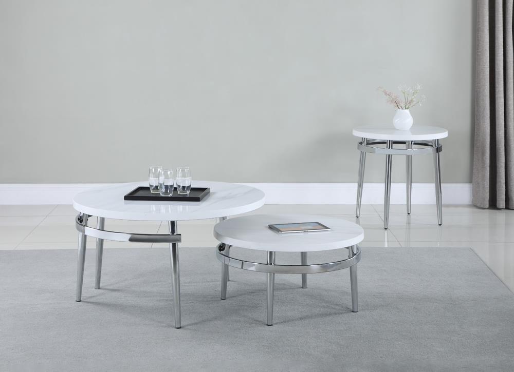 Avilla Round End Table White and Chrome Avilla Round End Table White and Chrome Half Price Furniture