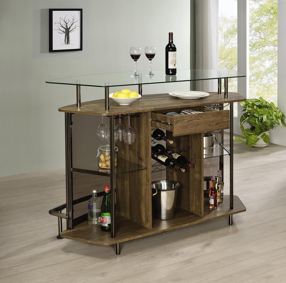 Gideon Crescent Shaped Glass Top Bar Unit with Drawer Gideon Crescent Shaped Glass Top Bar Unit with Drawer Half Price Furniture