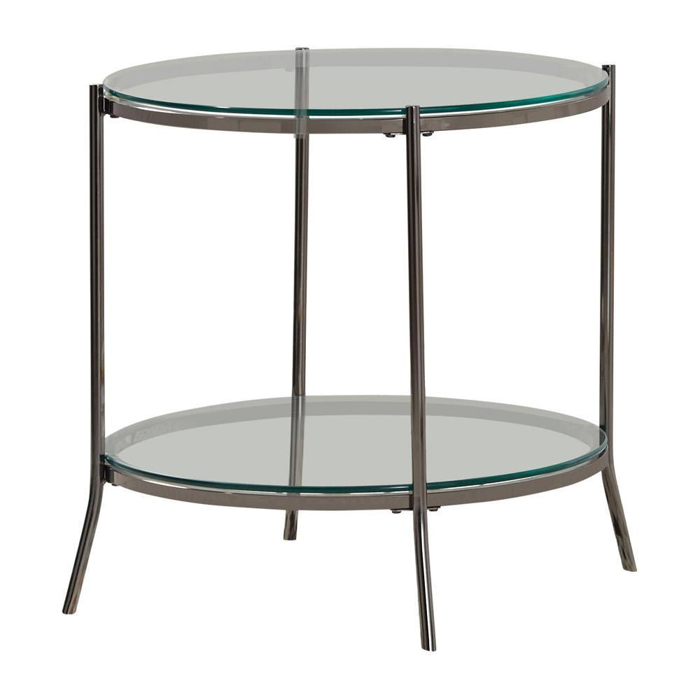 Laurie Round Glass Top End Table Black Nickel and Clear Laurie Round Glass Top End Table Black Nickel and Clear Half Price Furniture