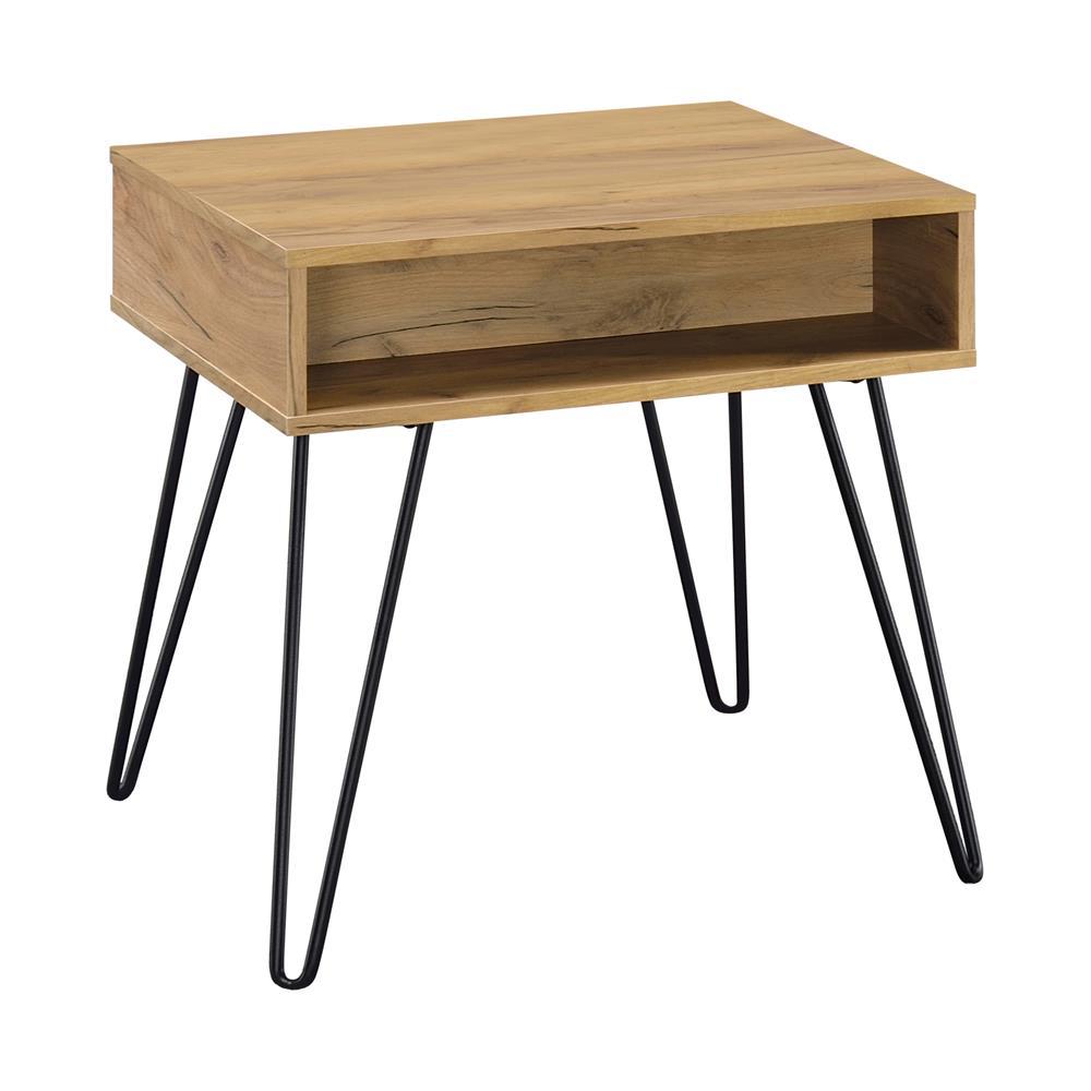 Fanning Square End Table with Open Compartment Golden Oak and Black  Half Price Furniture