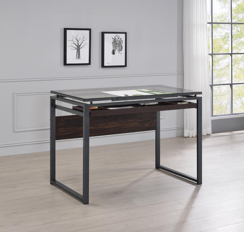 Pantano Glass Top Drafting Desk Dark Gunmetal and Chestnut - Half Price Furniture