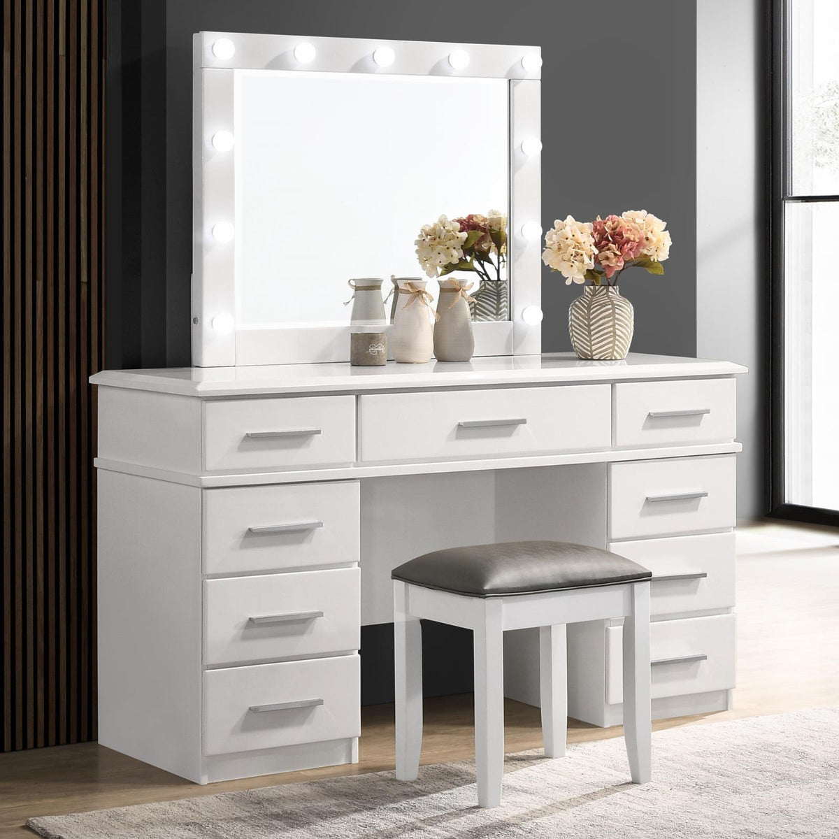Felicity Upholstered Vanity Stool Metallic and Glossy White - Vanity Stool - Half Price Furniture