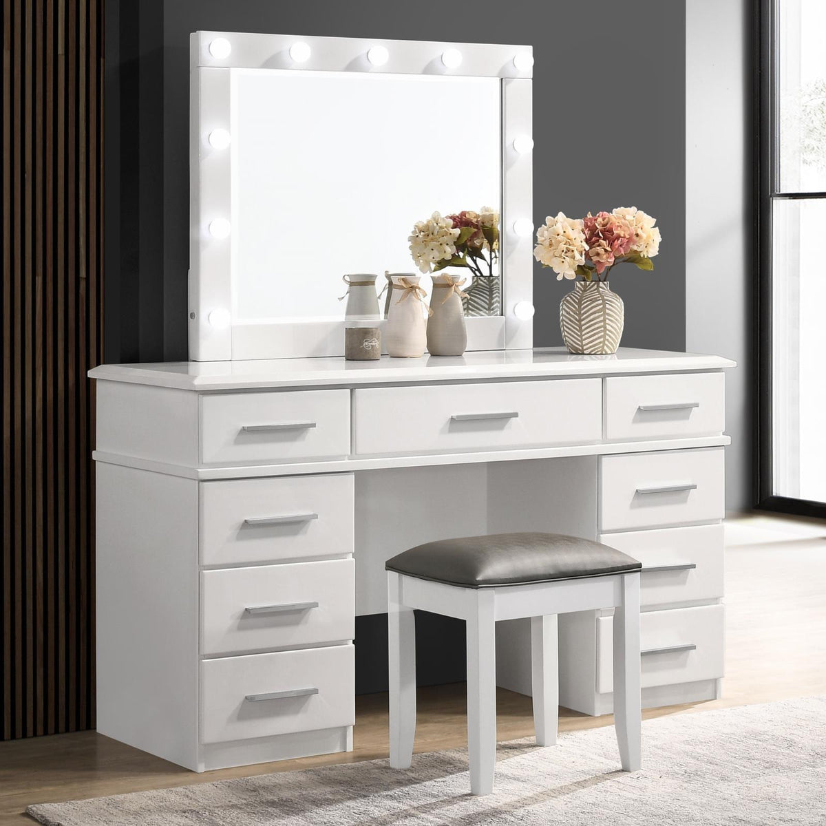 Felicity Upholstered Vanity Stool Metallic and Glossy White  Las Vegas Furniture Stores