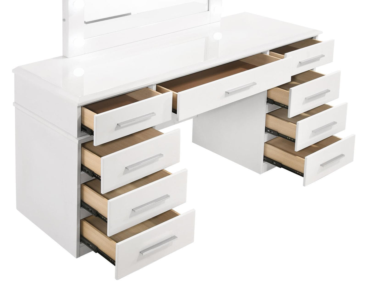 Felicity 9-drawer Vanity Desk with Lighted Mirror Glossy White  Las Vegas Furniture Stores