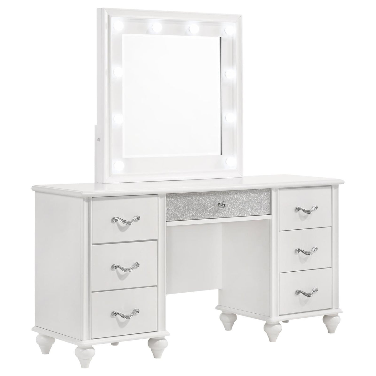 Barzini 7 Drawer Vanity Desk With Lighted Mirror White - Las Vegas Furniture Stores