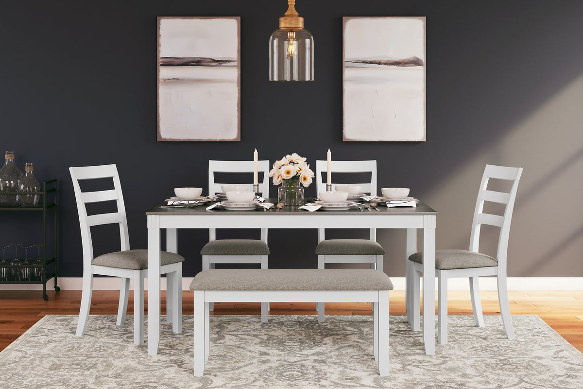 Stonehollow Dining Table and Chairs with Bench (Set of 6)  Half Price Furniture