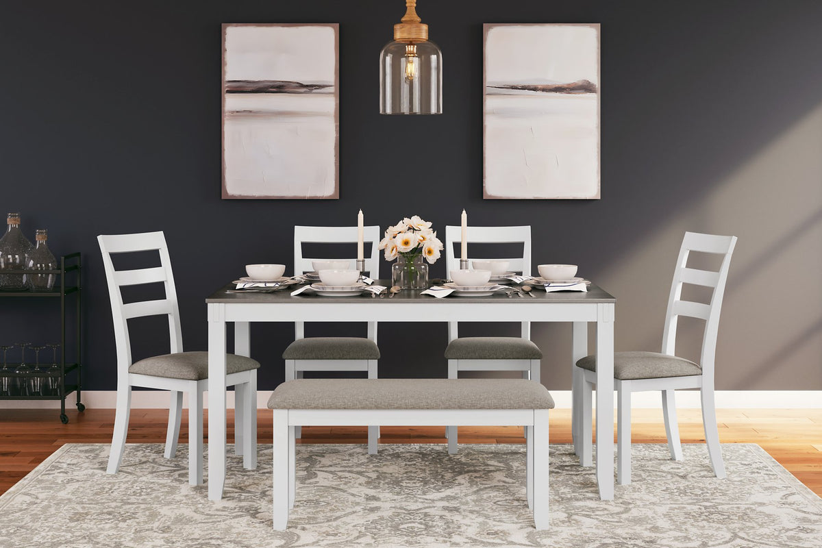 Stonehollow Dining Table and Chairs with Bench (Set of 6) - Half Price Furniture