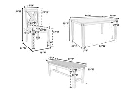 Dimensions: table 60x36x30, chair 18x21x39, bench 50x16x19 inches