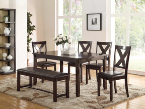 6 Pc espresso wood dining set with bench and 4 X-back chairs in a dining room