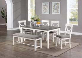 6 Pc white and grey two-tone dining set with bench and 4 chairs in a dining room