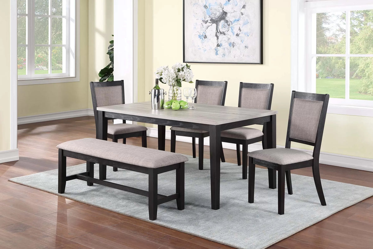 6 Pc espresso and grey two-tone dining set with bench and 4 upholstered chairs in a dining room