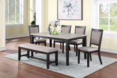 6 Pc espresso and grey two-tone dining set with bench and 4 upholstered chairs in a dining room