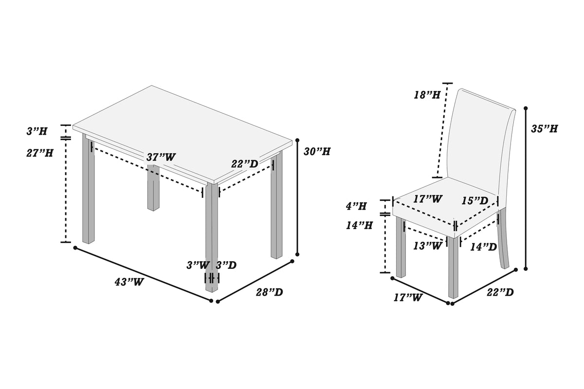 Dimensions: table 43x28x30, chair 17x22x35 inches