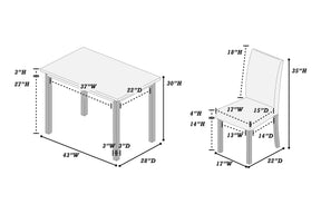 Dimensions: table 43x28x30, chair 17x22x35 inches