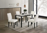 5 Pc faux marble dining set with 4 white upholstered chairs in a dining room