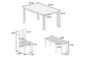 Dimensions: table 60x36x30, chair 17x22x38, bench 38x15x18 inches