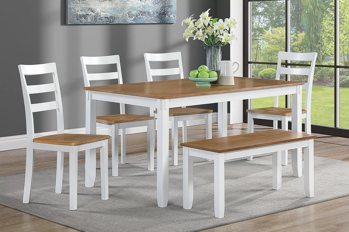 6 Pc white and light brown farmhouse dining set with bench and 4 slatted-back chairs in a dining room