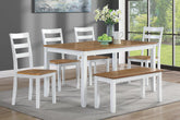 6 Pc white and light brown farmhouse dining set with bench and 4 slatted-back chairs in a dining room