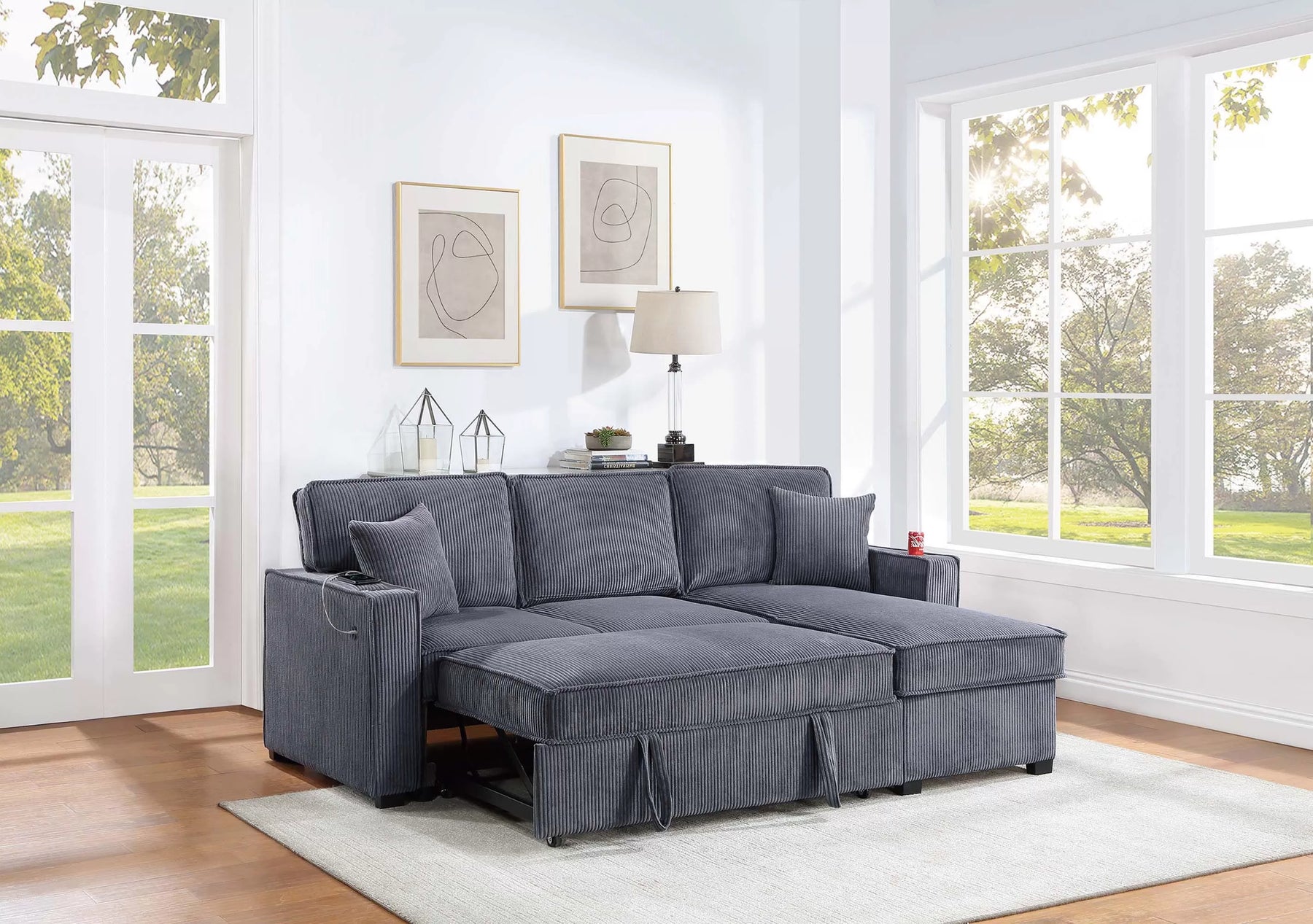 Dark Gray corduroy convertible sectional with reversible storage chaise, view 2