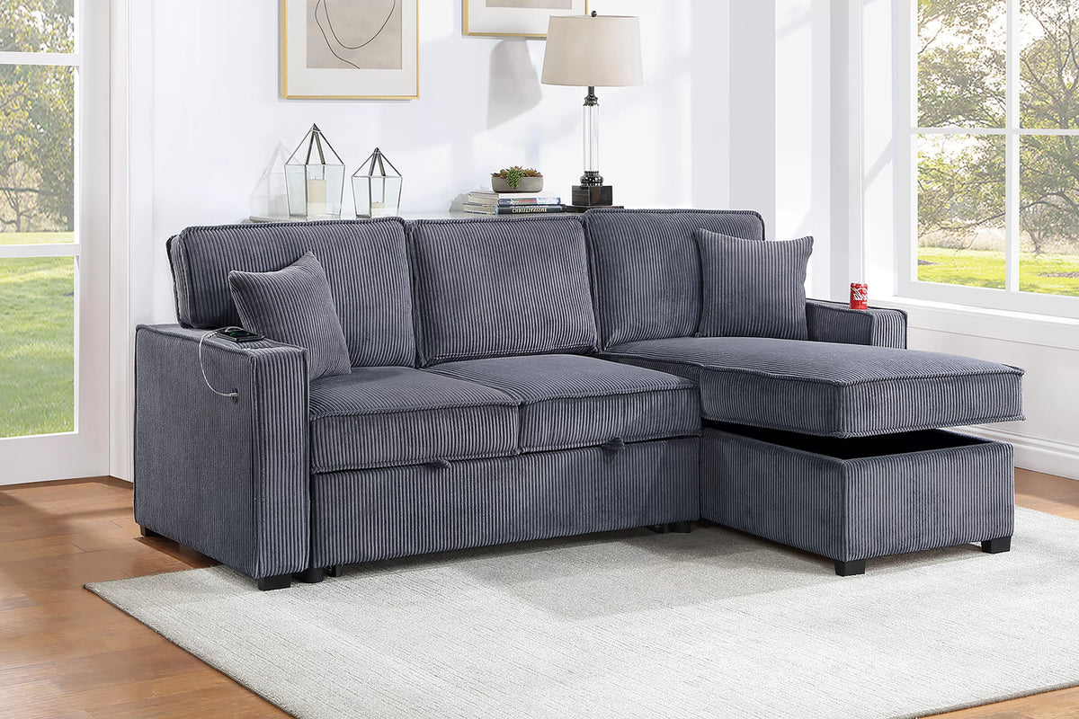 Dark Gray corduroy convertible sectional with reversible storage chaise