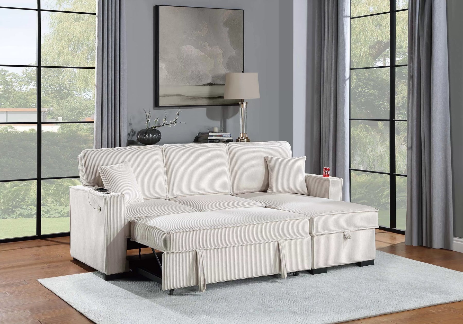 Beige corduroy convertible sectional with reversible storage chaise, view 2