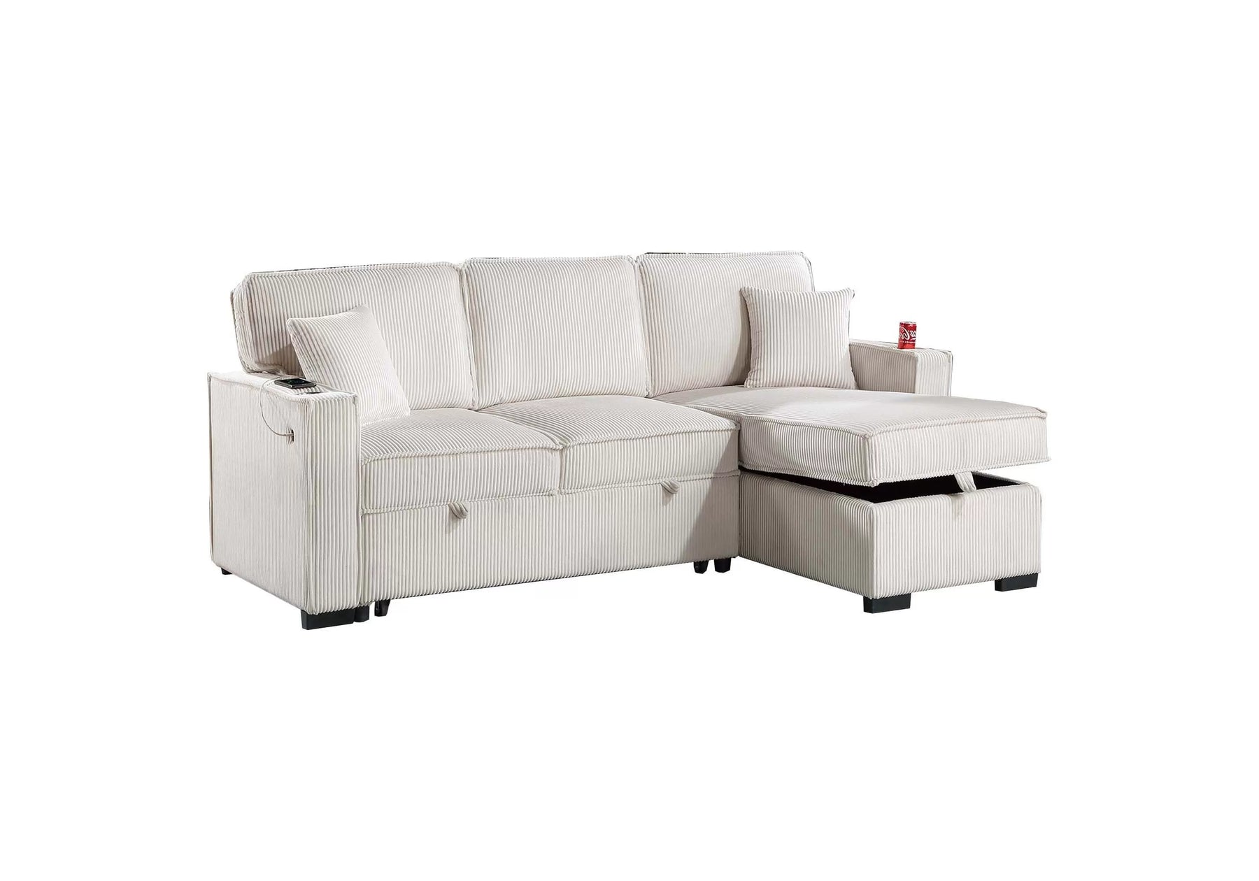 Beige corduroy convertible sectional with reversible storage chaise, view 3