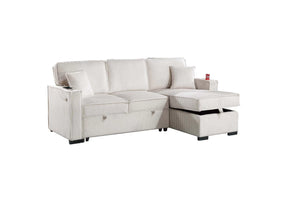 Beige corduroy convertible sectional with reversible storage chaise, view 3