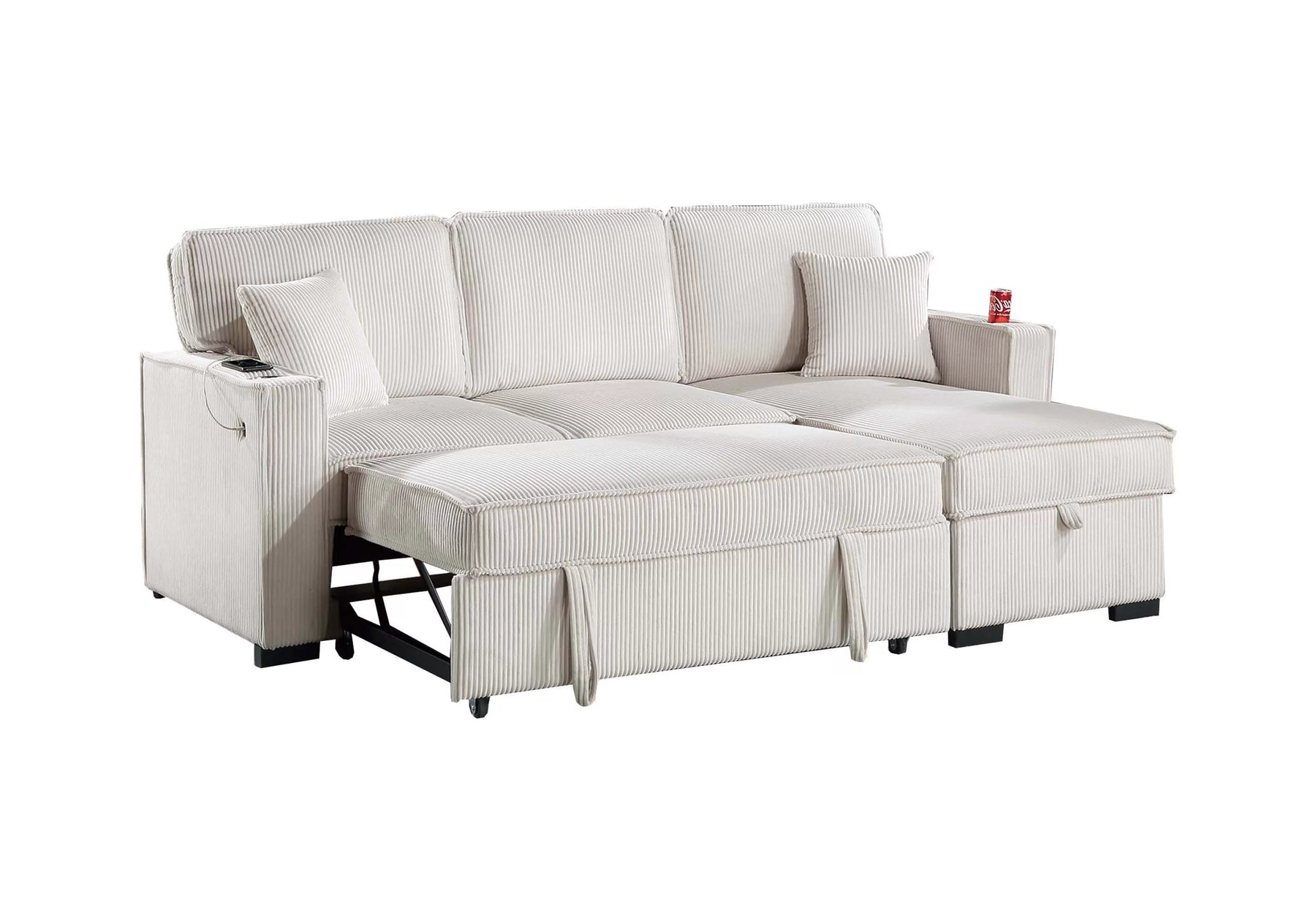 Beige corduroy convertible sectional with reversible storage chaise, view 4