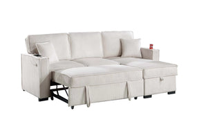 Beige corduroy convertible sectional with reversible storage chaise, view 4