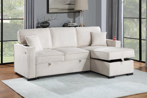 Beige corduroy convertible sectional with reversible storage chaise