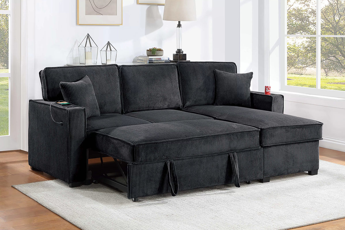 Black corduroy convertible sectional with reversible storage chaise, view 2
