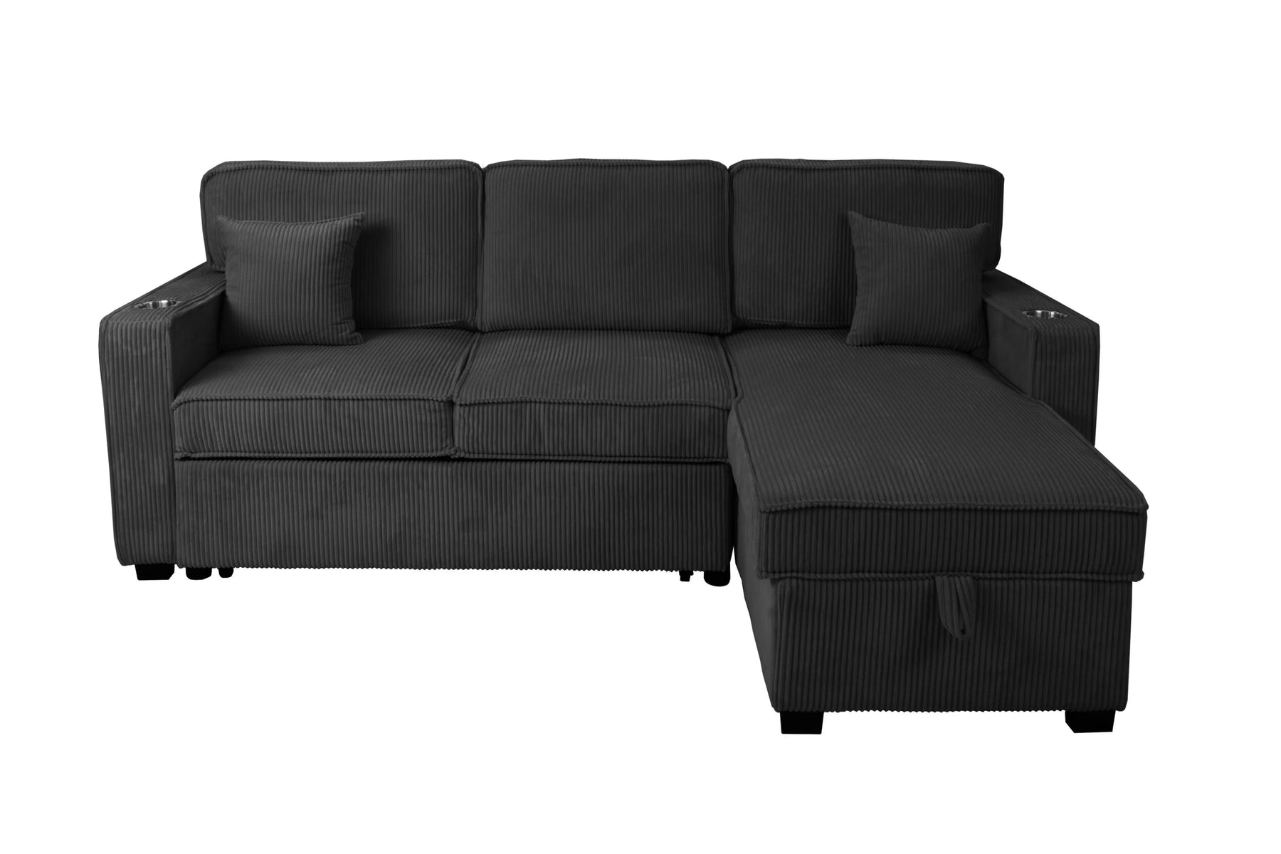 Black corduroy convertible sectional with reversible storage chaise, view 3