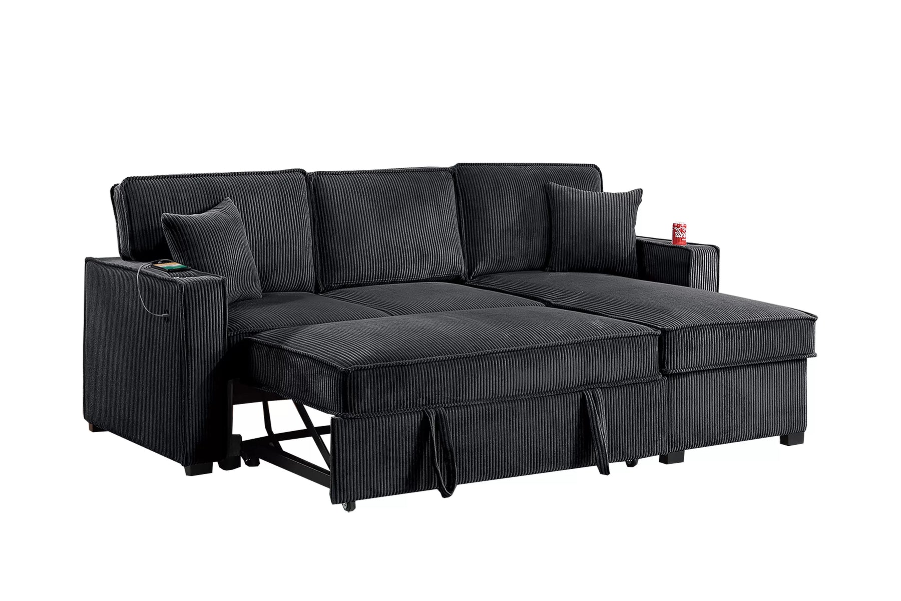 Black corduroy convertible sectional with reversible storage chaise, view 7