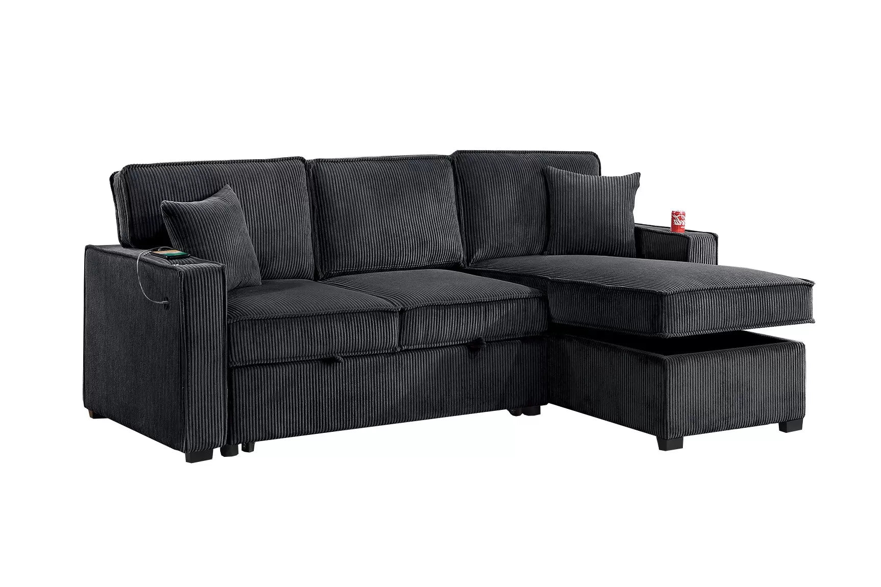 Black corduroy convertible sectional with reversible storage chaise, view 8