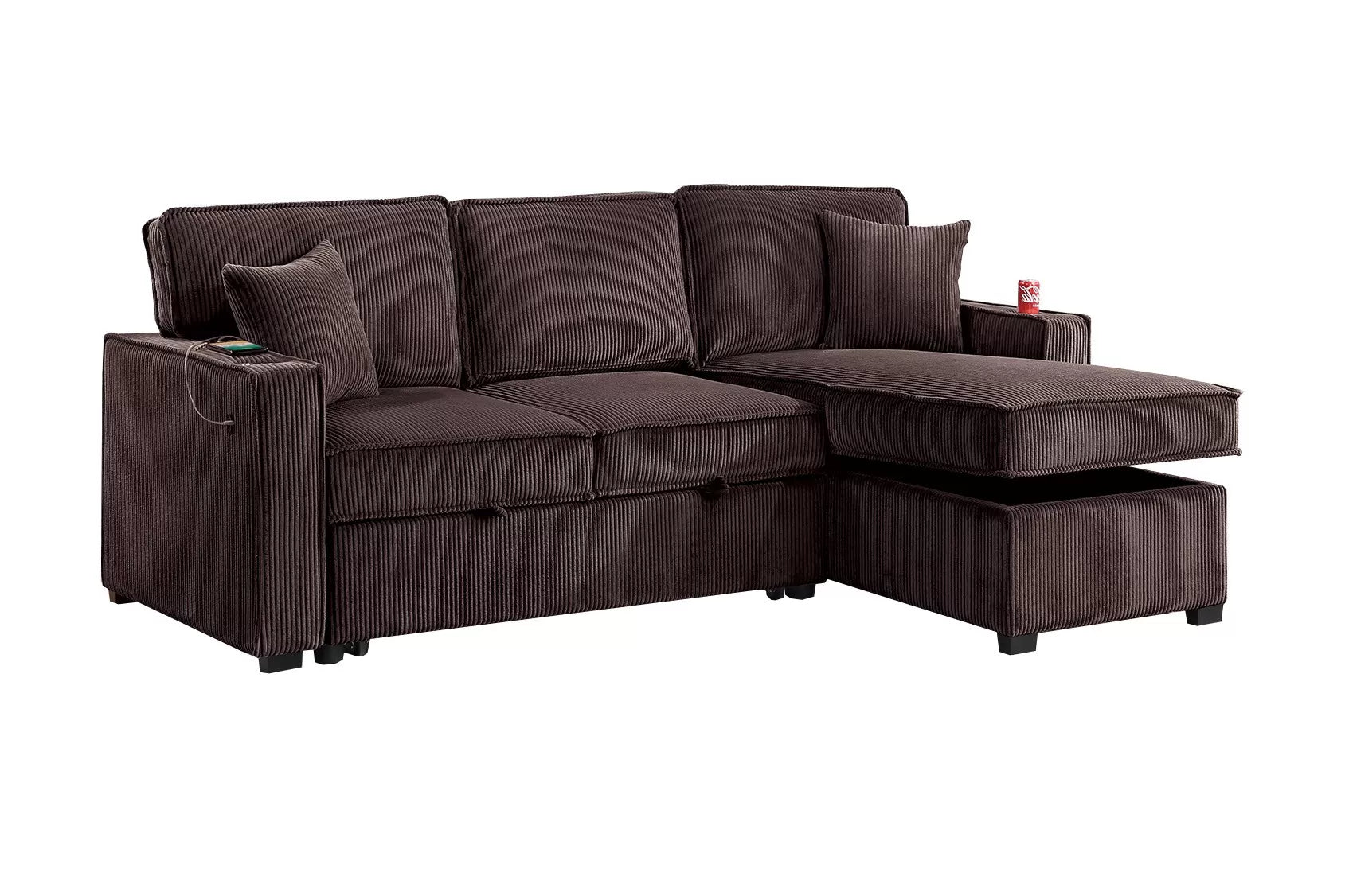 Chocolate corduroy convertible sectional with reversible storage chaise, view 8