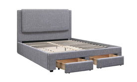 Light grey upholstered queen storage bed with 2 drawers open