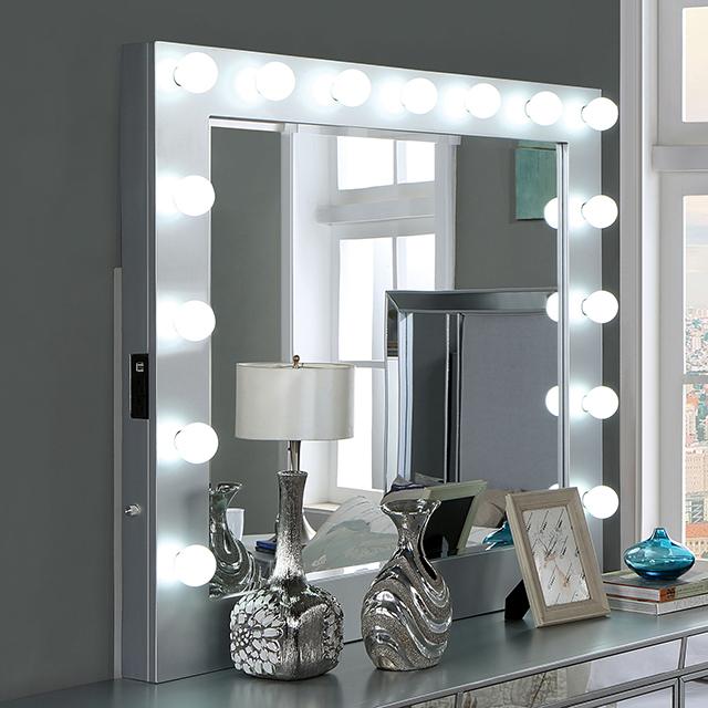 BELLADONNA Mirror w/ USB, Power, Light, Silver  Half Price Furniture