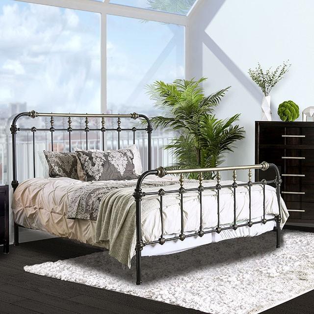 RIANA Antique Black Metal Queen Bed Half Price Furniture